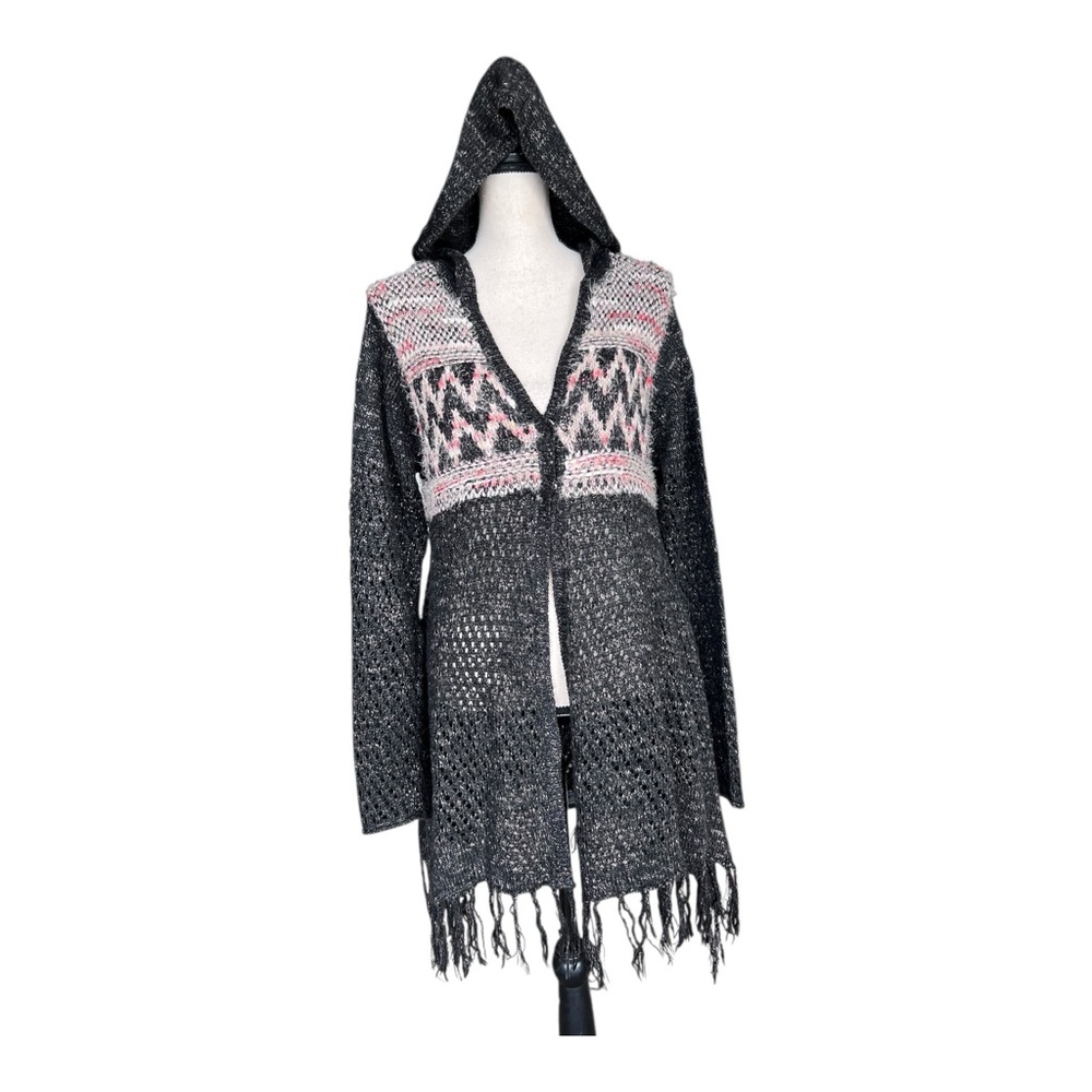Vintage America Blues Black and Pink Hooded Cardigan With Fringe Size L